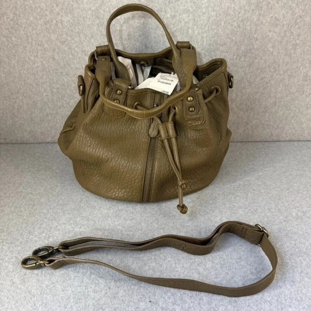Nordstrom Olive‎ Green Leather Bucket Bag Adjustable Strap Drawstring Close NWT